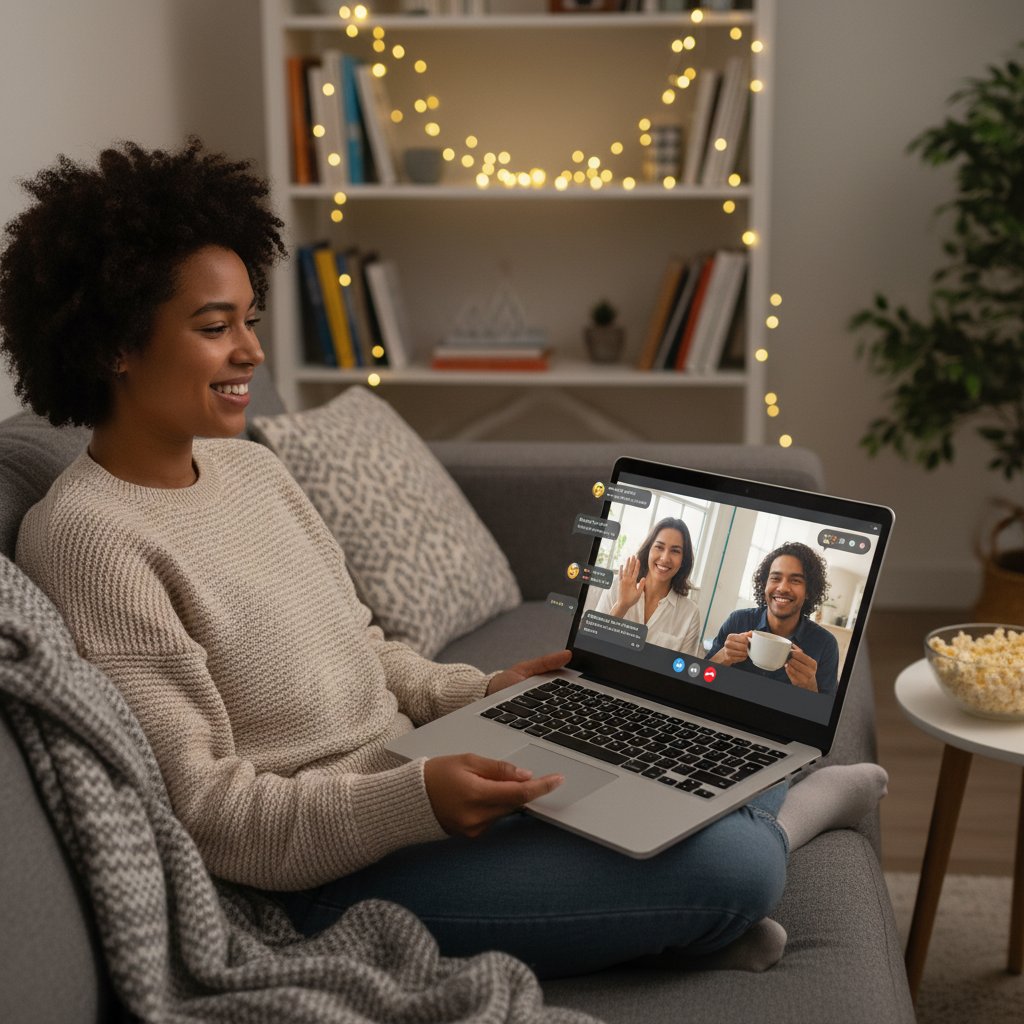 Uśmiechnięta osoba rozmawiająca przez laptop z nowym znajomym online