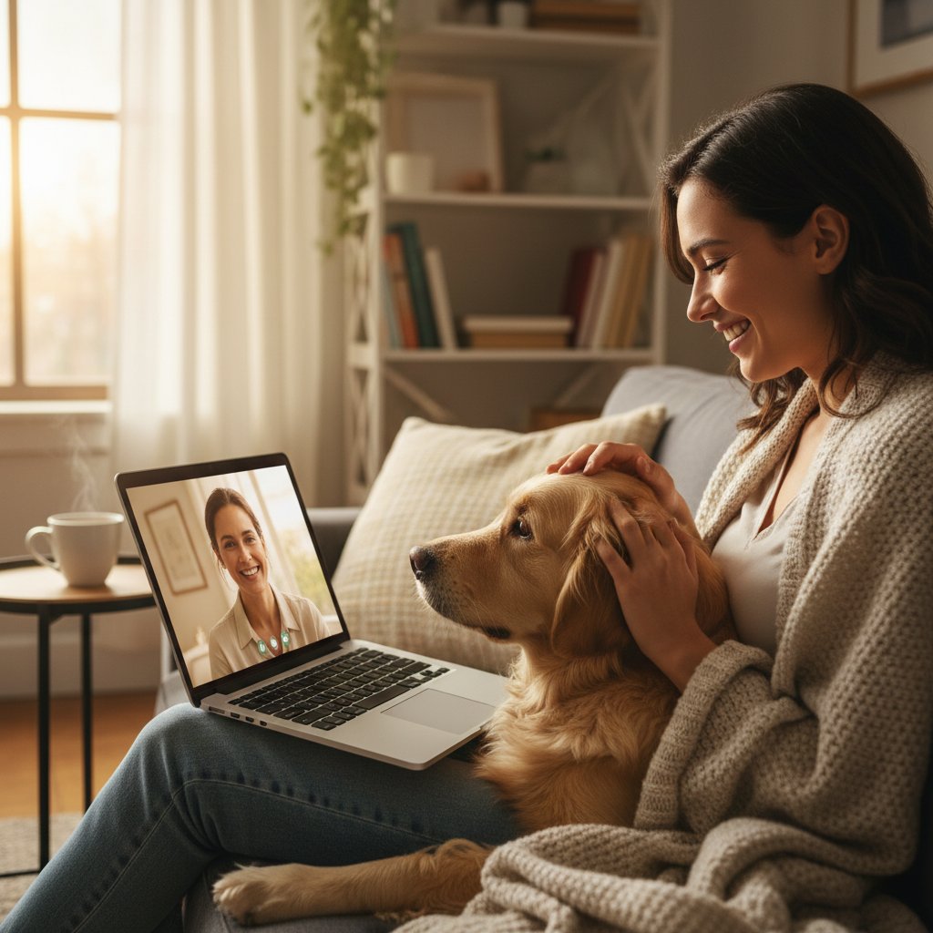 Osoba uśmiechnięta patrząca w ekran laptopa, symbolizująca wsparcie emocjonalne online