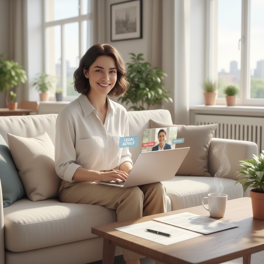 Osoba spokojna, z uśmiechem korzysta z laptopa, zadowolona z uzyskanej odpowiedzi prawnej online, jasny salon