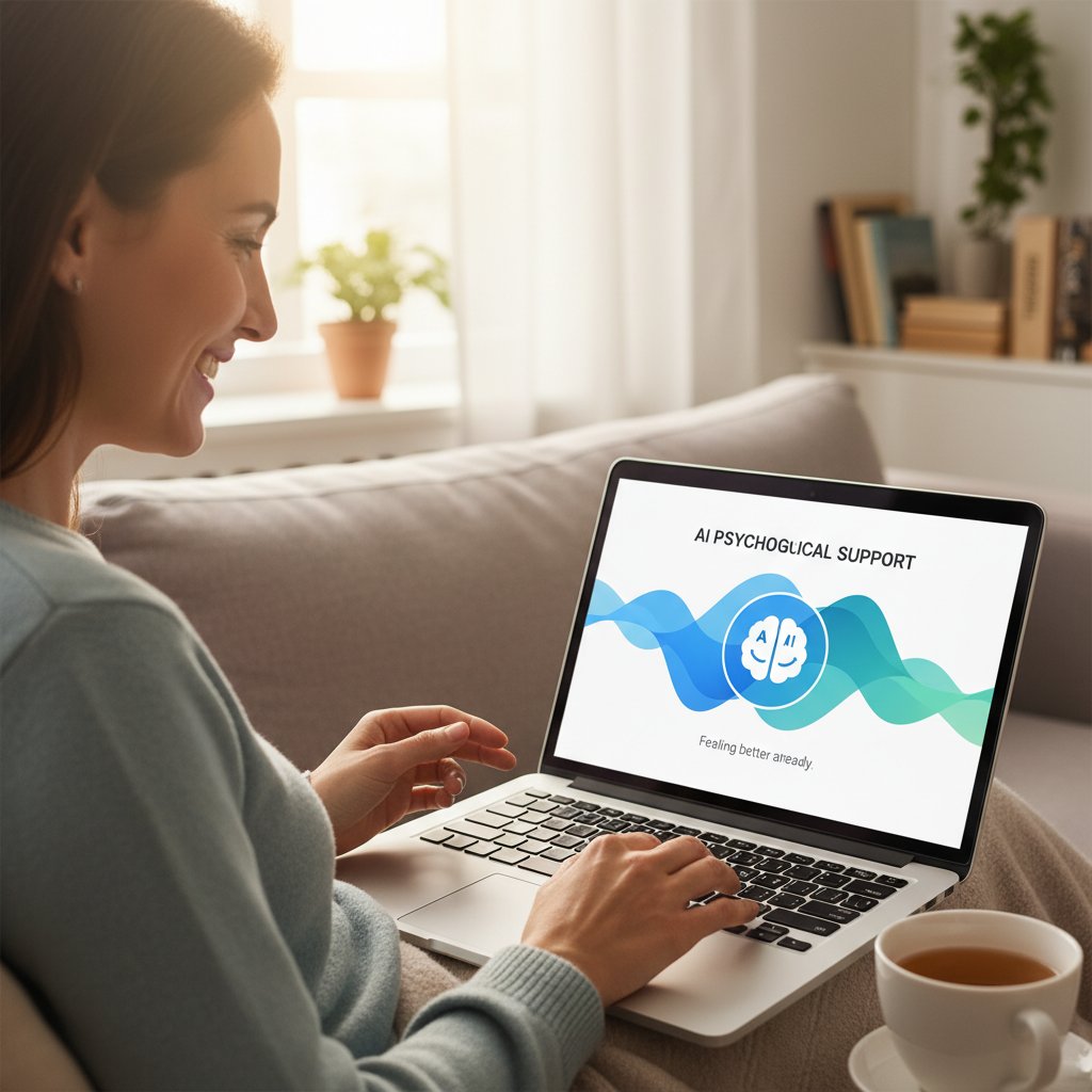 Uśmiechnięta osoba patrząca w ekran laptopa, atmosfera ulgi i poczucia wsparcia, AI psychologiczne