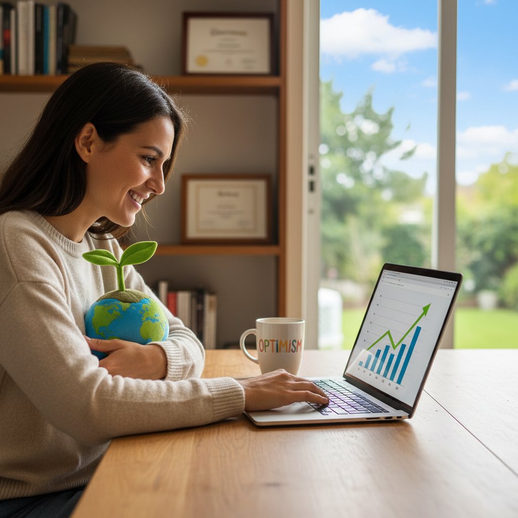 Uśmiechnięta osoba patrząca w ekran laptopa, poczucie wsparcia i optymizmu