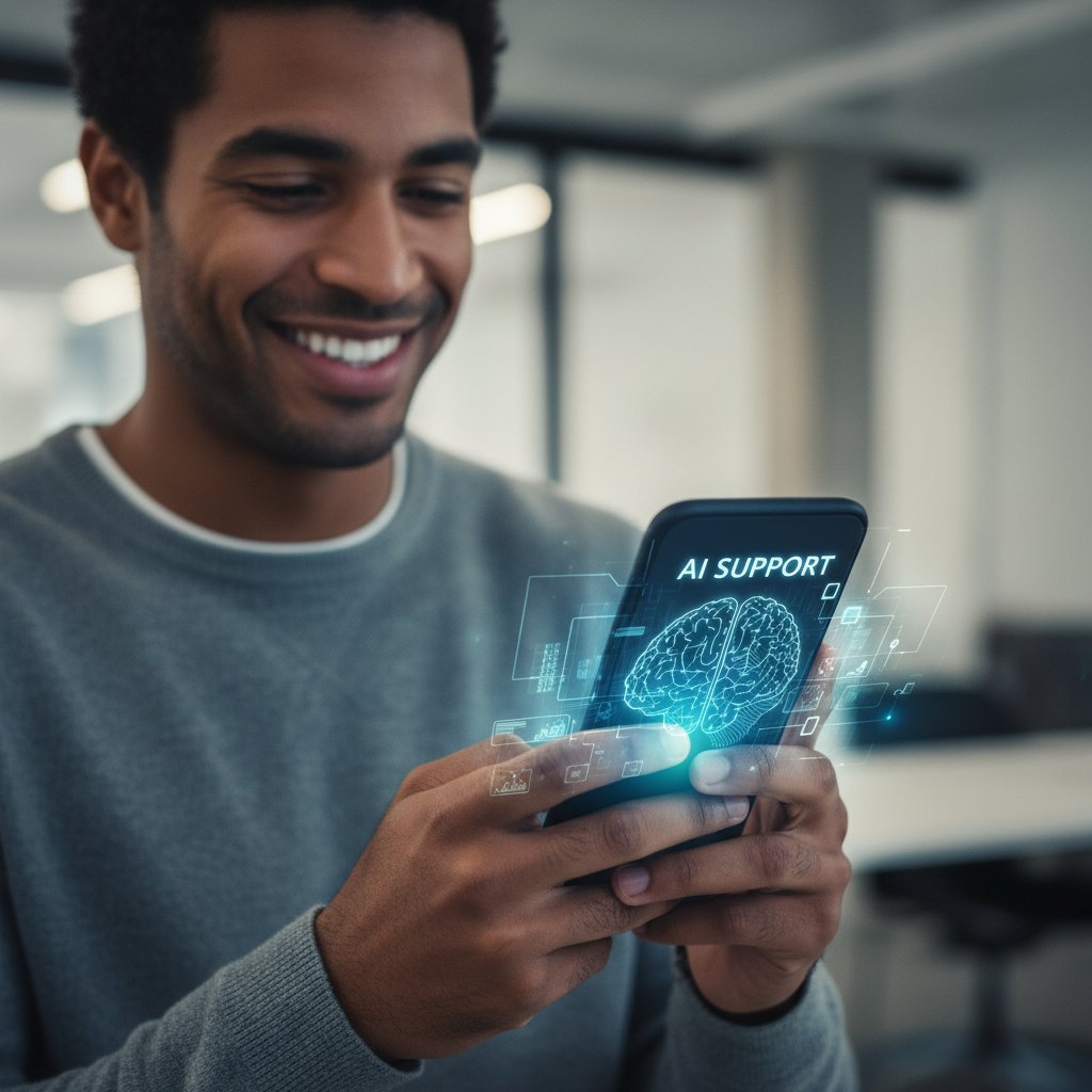 Uśmiechnięta osoba z telefonem, symboliczna bliskość i wsparcie AI, jasne światło