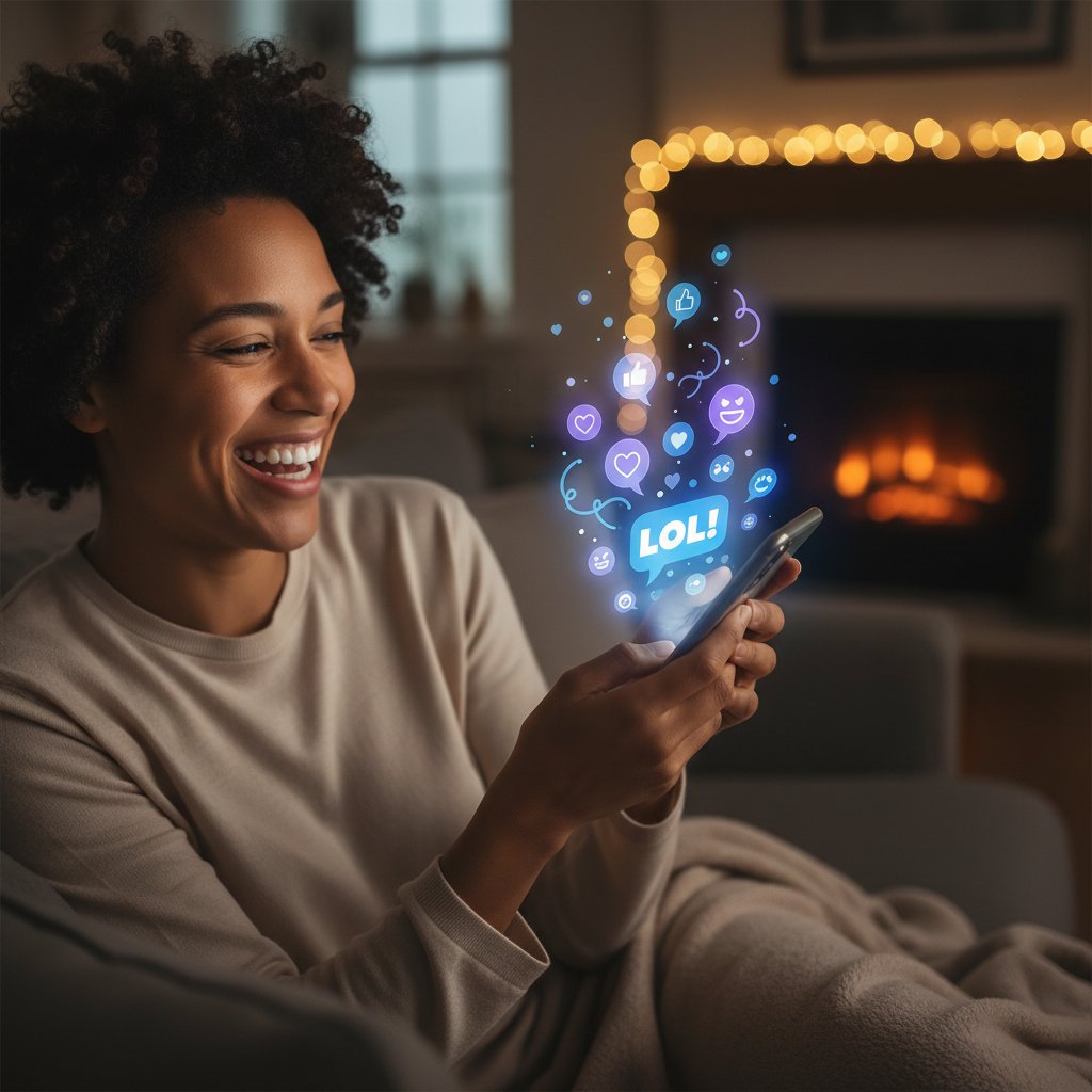 Osoba uśmiechnięta z telefonem, zanurzona w cyfrowy świat rozmów