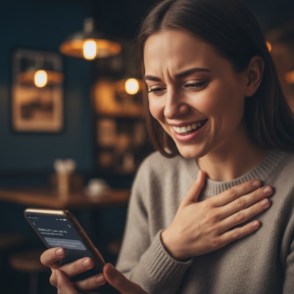 Uśmiechnięta osoba trzymająca telefon, poczucie ulgi po rozmowie bez tabu