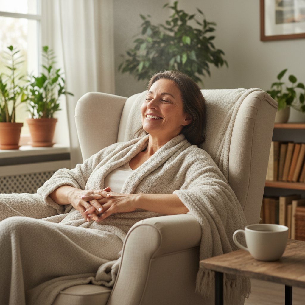 Uśmiechnięta osoba relaksująca się po zabiegu termoterapii w domu, poczucie ulgi, zdrowie i regeneracja
