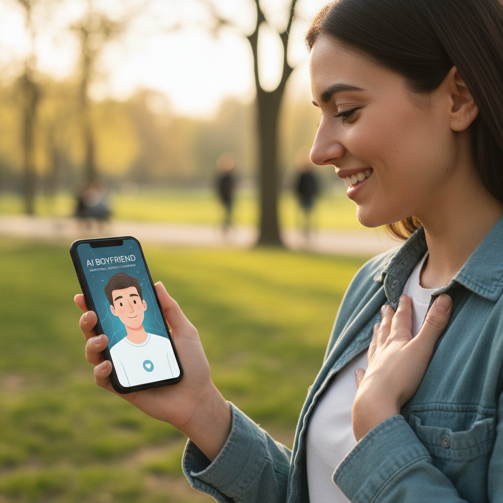 Uśmiechnięta osoba patrząca na ekran smartfona podczas rozmowy z AI chłopakiem