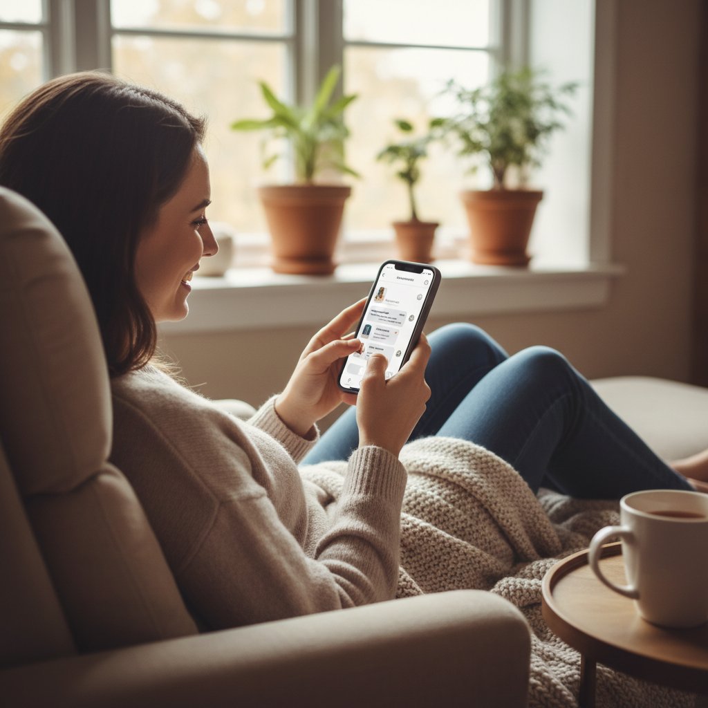 Uśmiechnięta osoba przeglądająca czat na smartfonie, atmosfera wyboru i komfortu