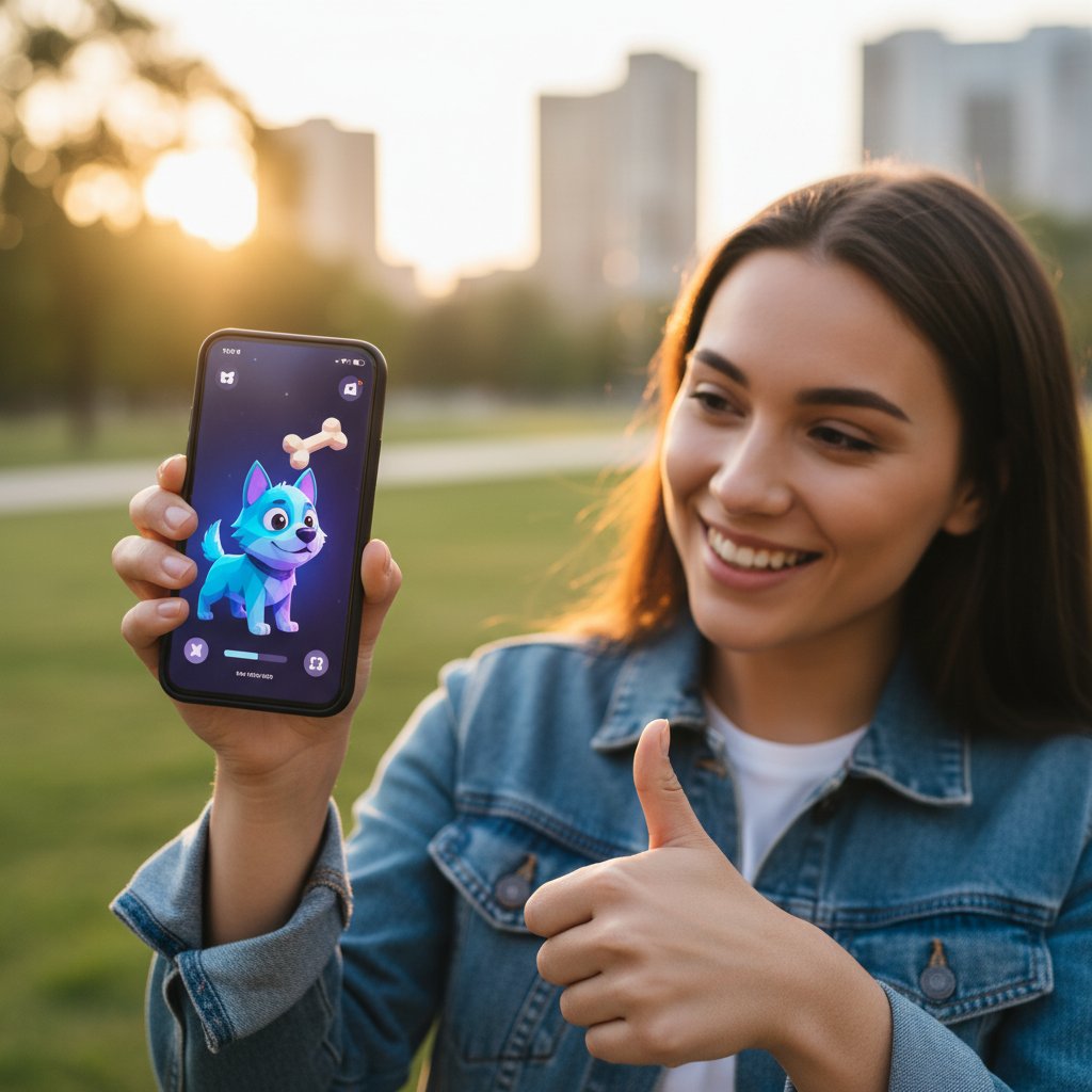 Osoba uśmiechnięta patrząca na smartfona, cyfrowy pies na ekranie