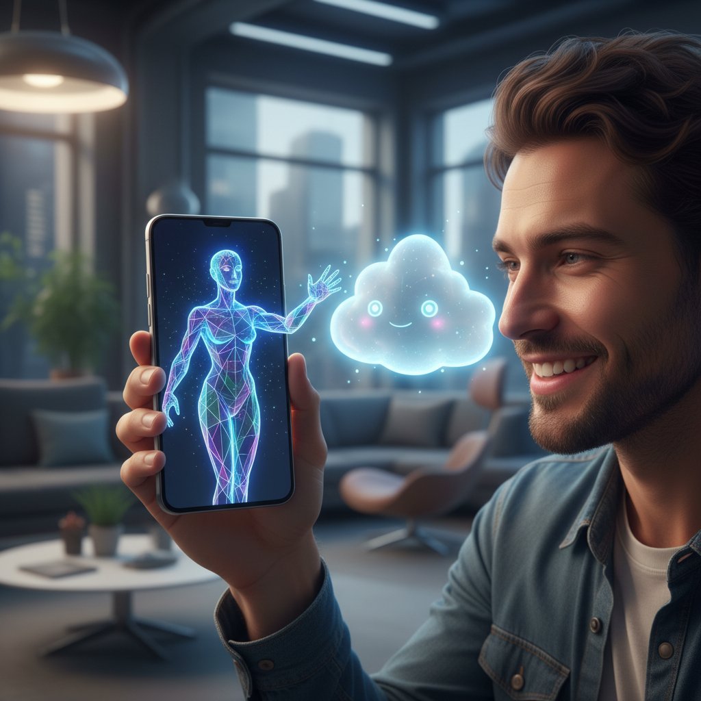 Uśmiechnięta osoba rozmawiająca z AI na smartfonie, widoczna ulga i radość