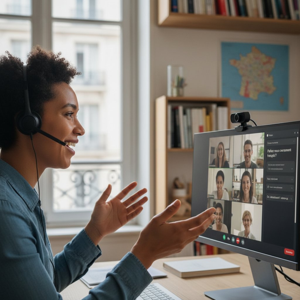 Uśmiechnięta osoba rozmawiająca płynnie po francusku przez komputer