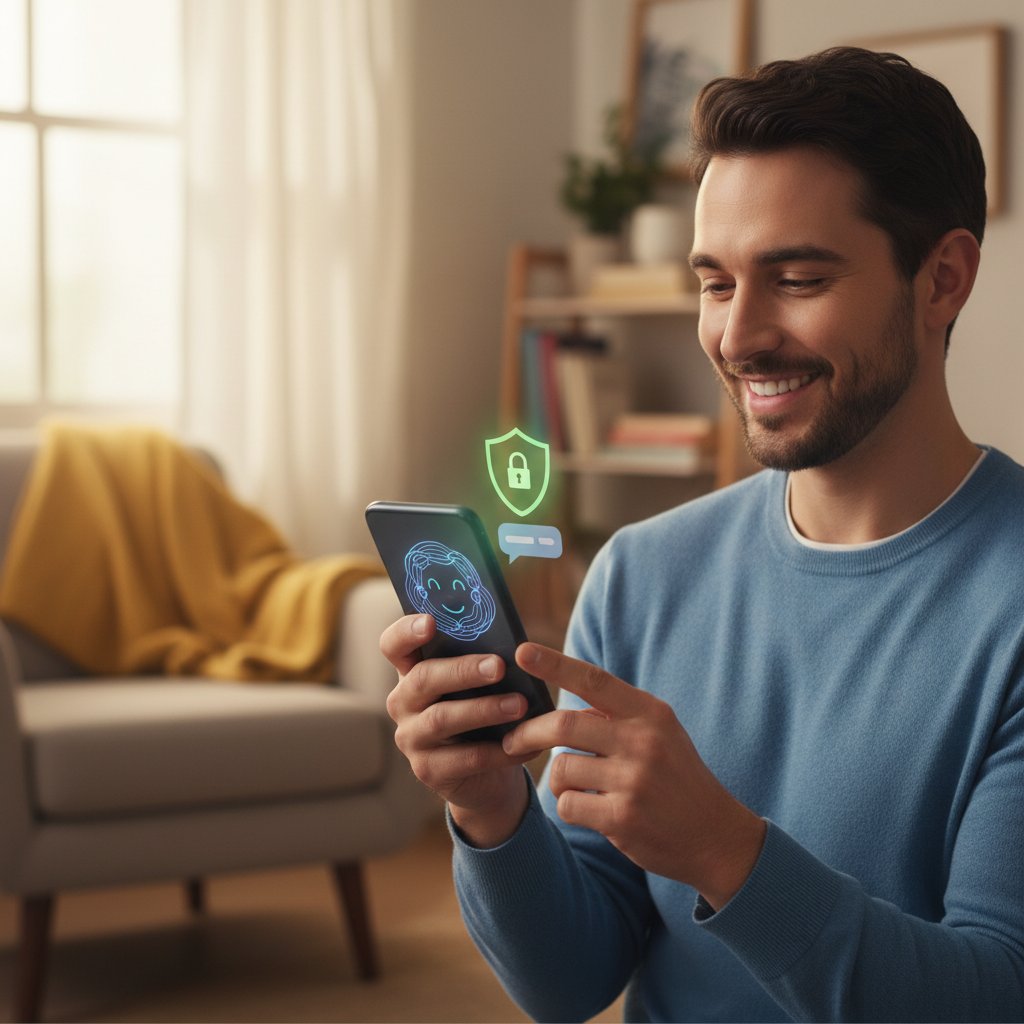 Uśmiechnięta osoba rozmawiająca z AI-towarzyszem na smartfonie, atmosfera bezpieczeństwa i zaufania