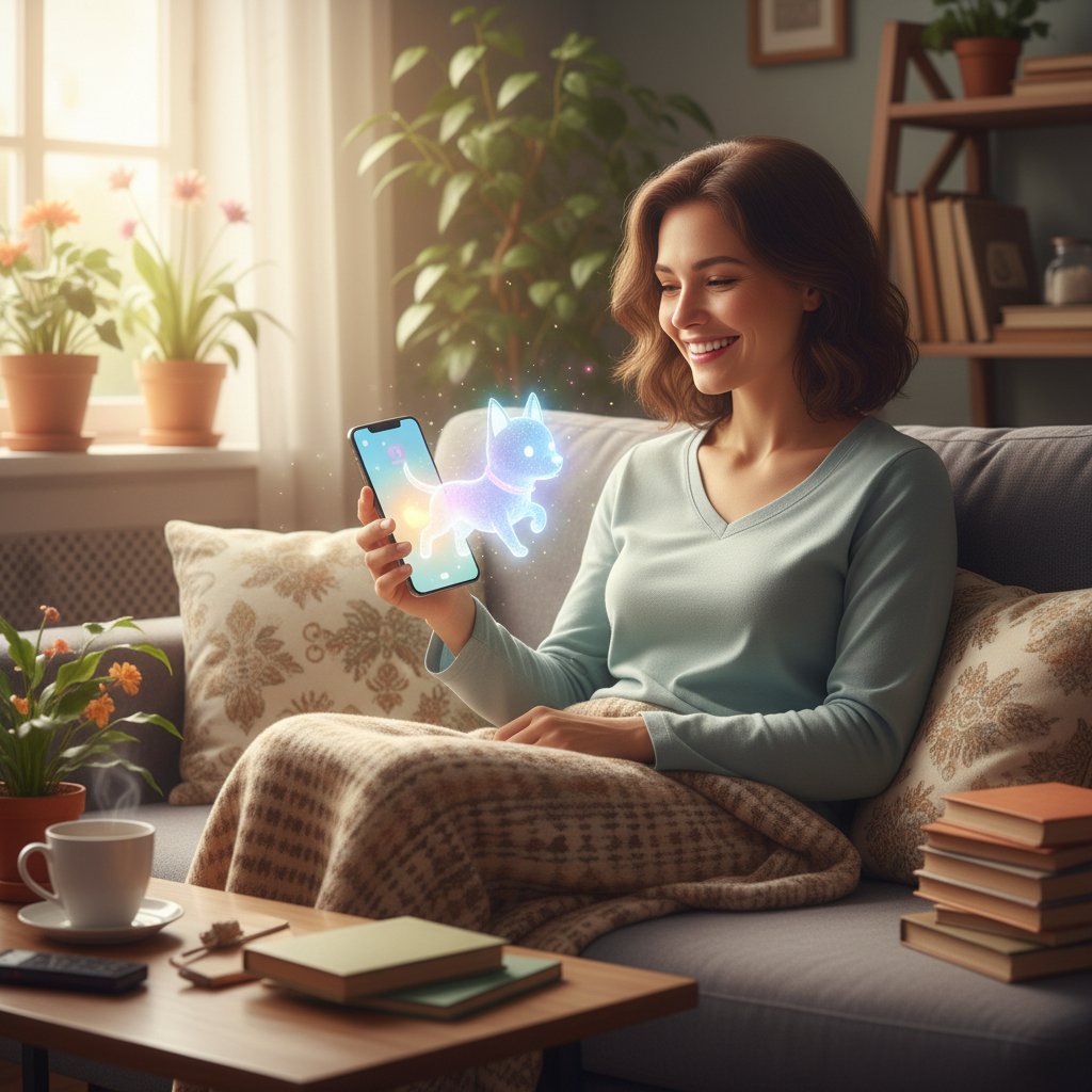 Uśmiechnięta osoba trzymająca smartfon z wyświetlonym wirtualnym psem, promienie światła sugerujące pozytywną zmianę, ciepły domowy klimat
