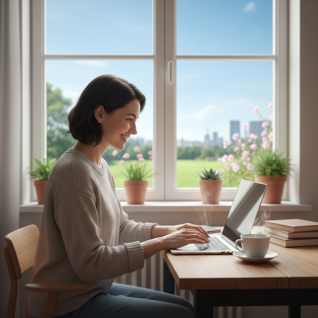 Osoba patrząca przez okno z uśmiechem, trzymając laptopa, symbol satysfakcji z rozwoju hobby online