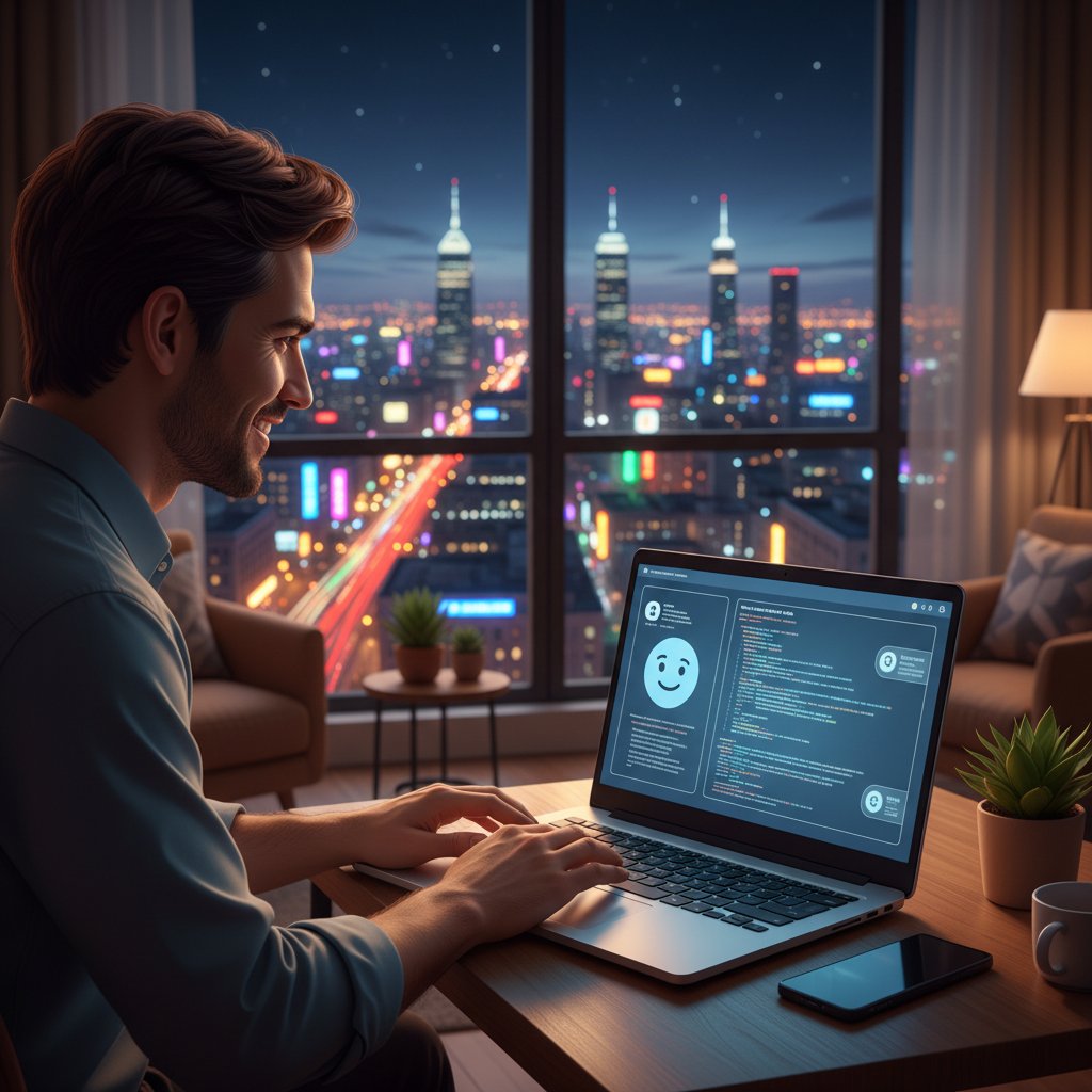Uśmiechnięta osoba rozmawiająca z AI na laptopie, kolorowe światła miasta za oknem, wieczór
