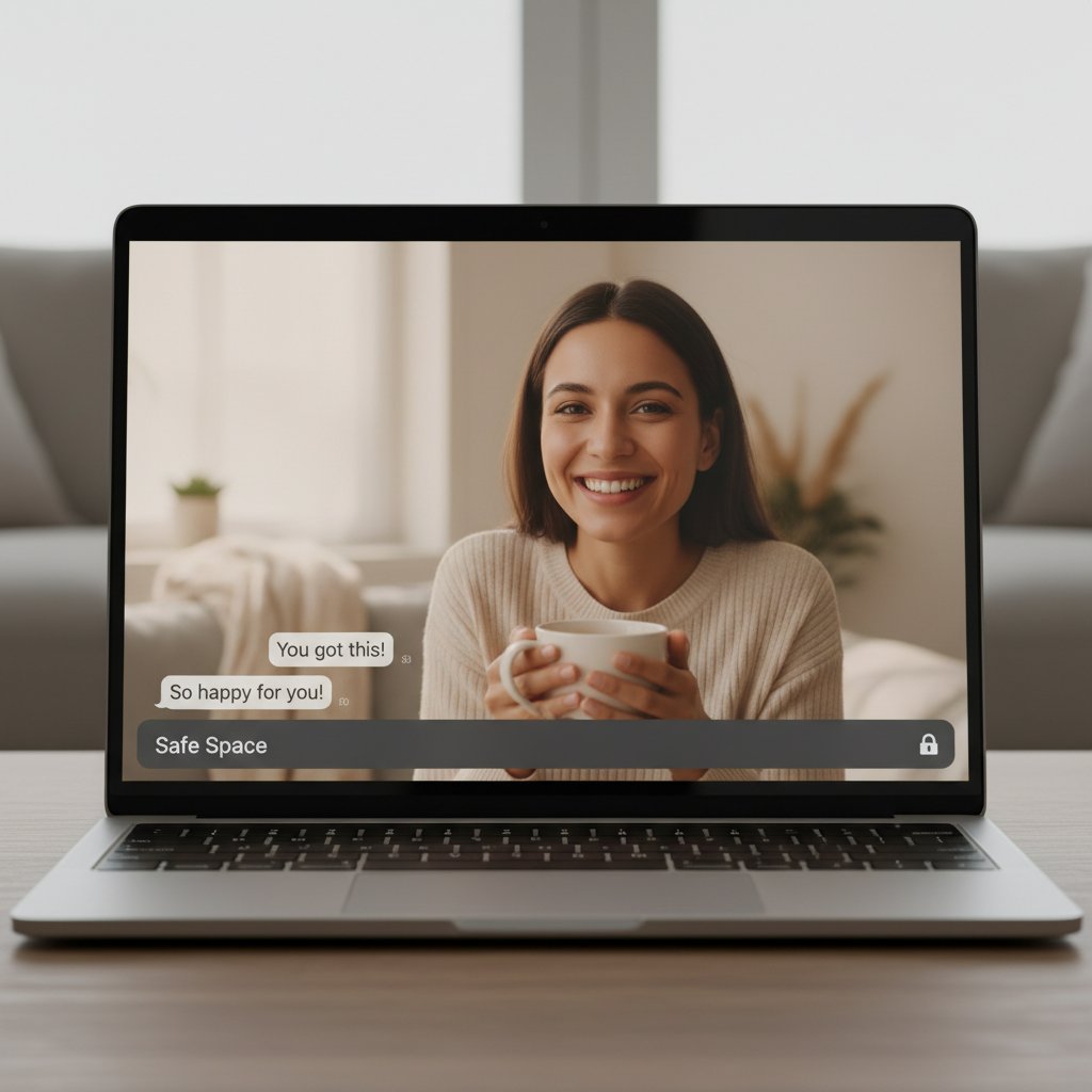 Osoba uśmiechnięta podczas rozmowy online, symbol bezpiecznej atmosfery