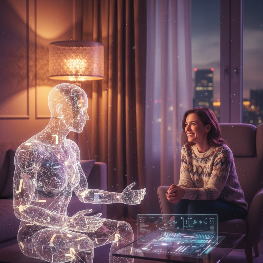 Młody dorosły Polak uśmiechnięty podczas rozmowy z AI, wieczorem, klimatyczne światło