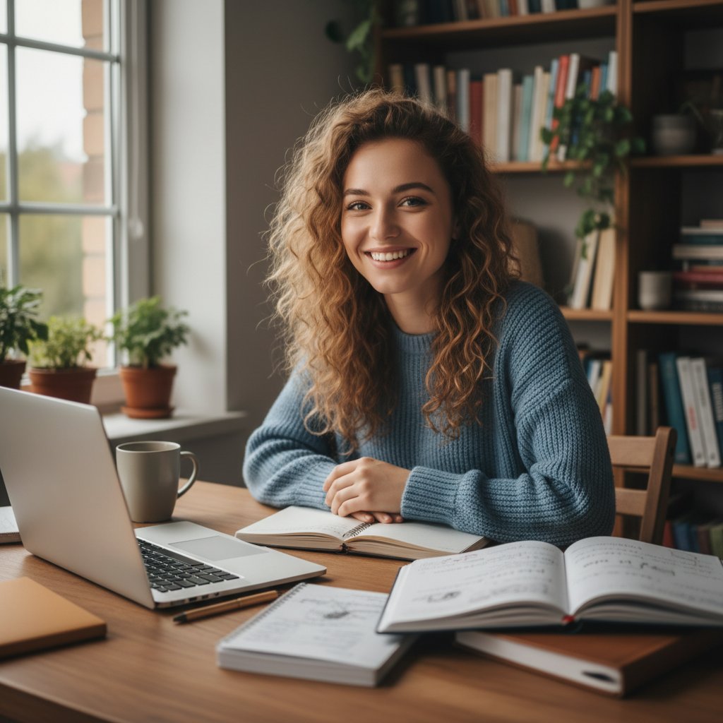 Fotografia przedstawiająca młodą kobietę z szerokim uśmiechem w otoczeniu notatek i otwartego laptopa