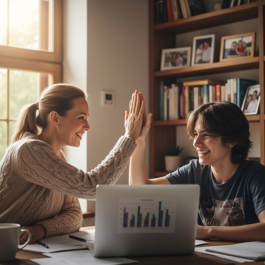 Zbliżenie na uśmiechniętego polskiego nastolatka i rodzica przybijających piątkę nad laptopem – dynamiczny obraz sukcesu korepetycji online, 16:9