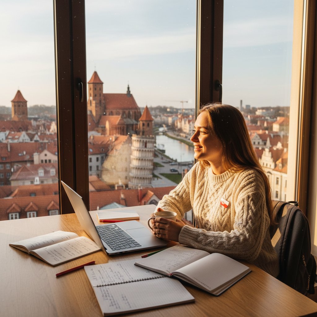 Młoda kobieta uśmiechnięta przy komputerze, z notatkami, z widokiem na Toruń