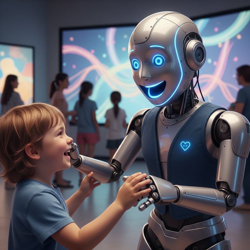 Robot z uśmiechniętą twarzą rozmawiający z dzieckiem, iluzja emocji AI