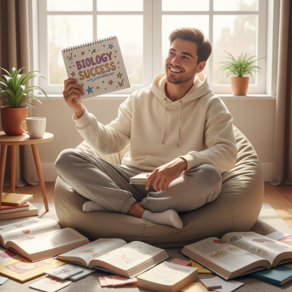 Uśmiechnięty student z notatkami i podręcznikami, zrelaksowany po nauce biologii