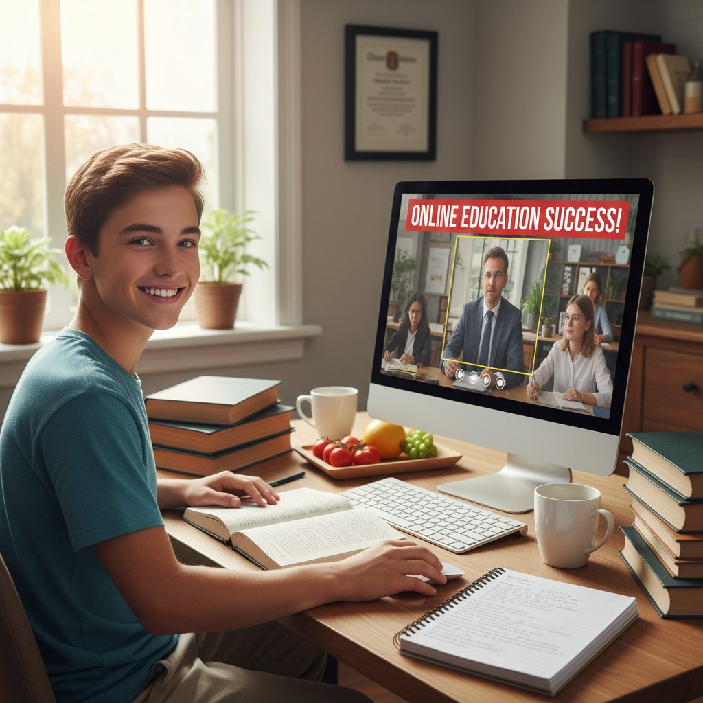 Uśmiechnięty uczeń przy komputerze, w tle książki i notatki – symbol sukcesu edukacji online