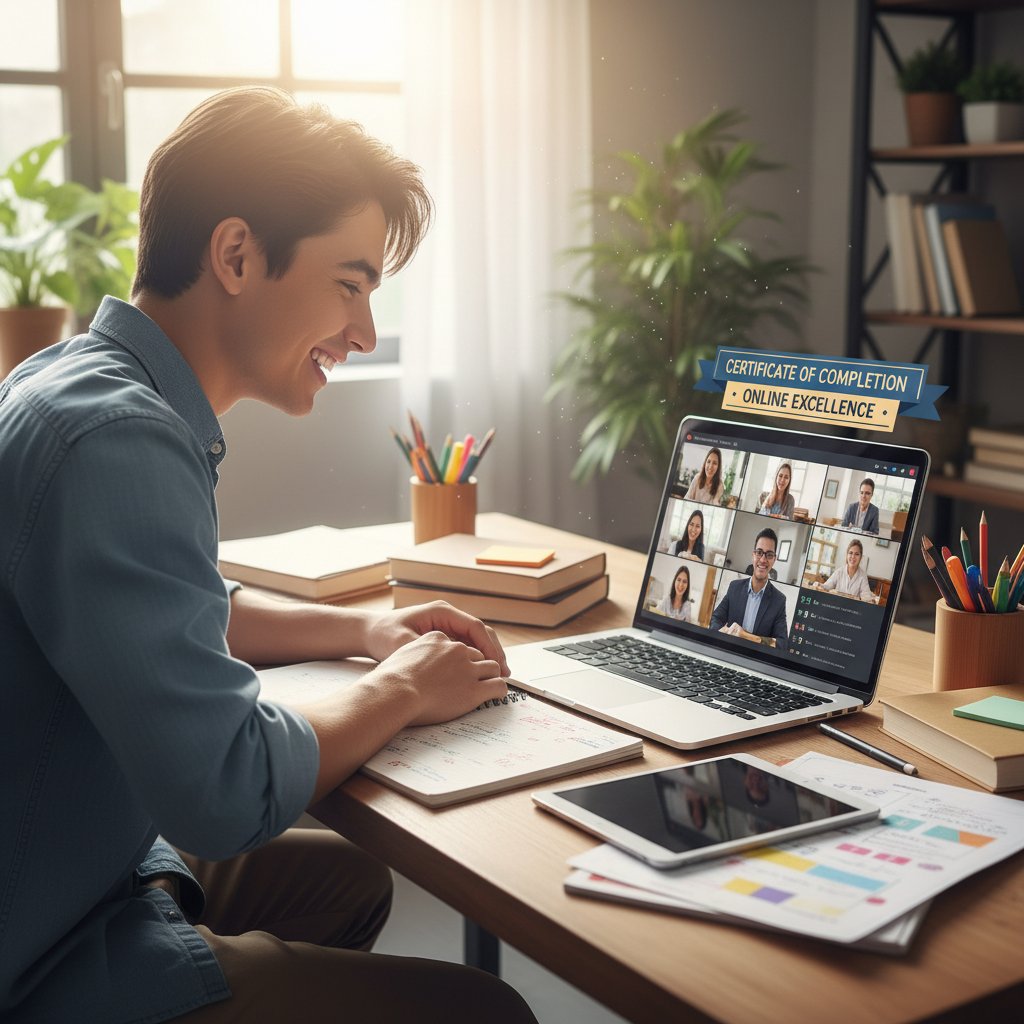 Uśmiechnięty uczeń przy biurku – sukces dzięki nauce online, światło, laptop, notatki