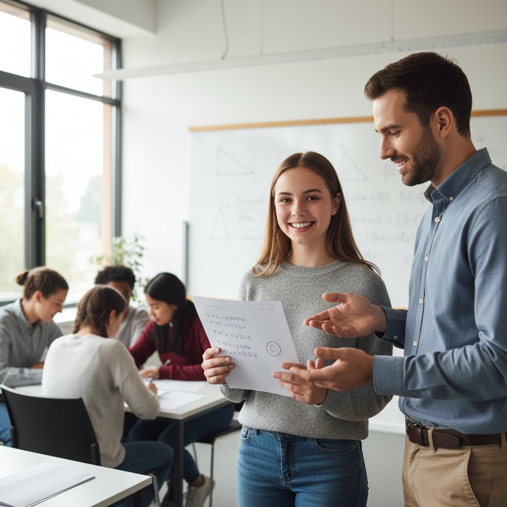 Uśmiechnięta uczennica pracująca nad zadaniem matematycznym z nauczycielem