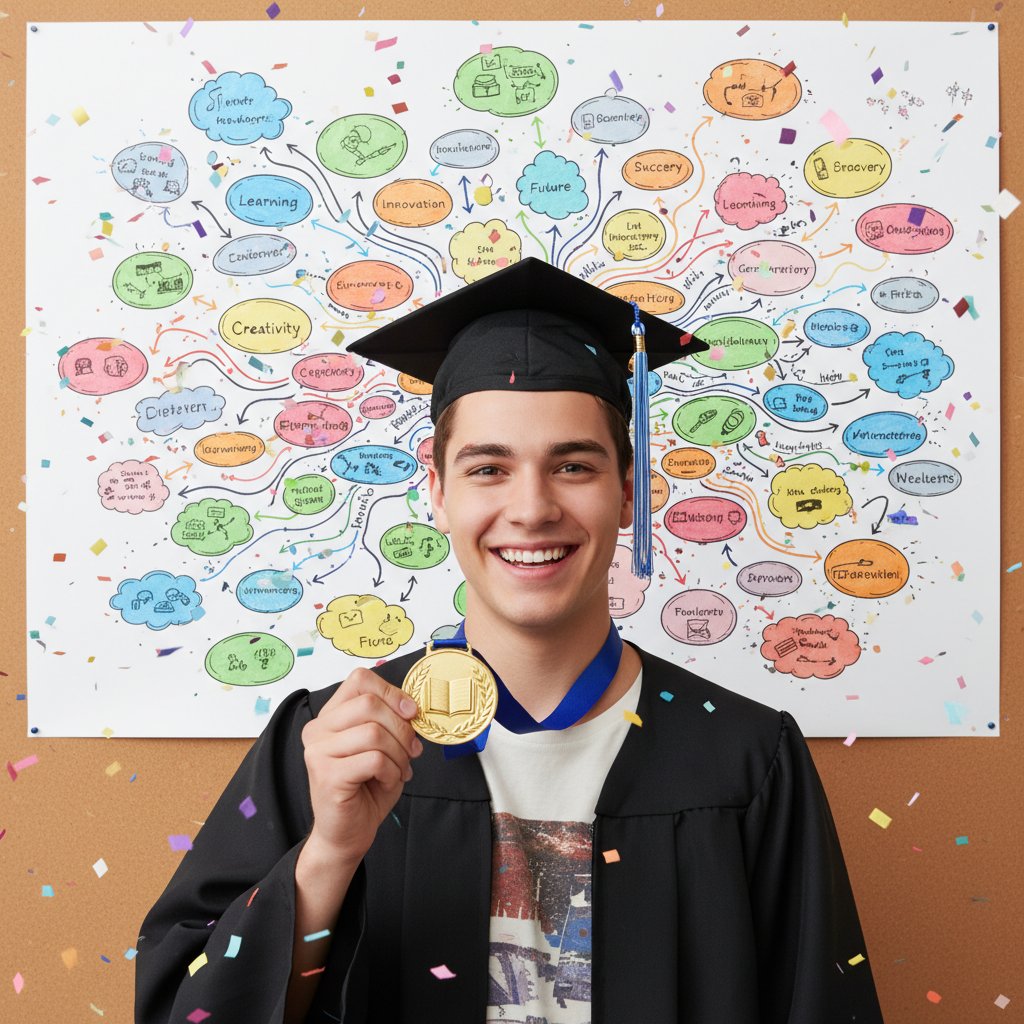 Uśmiechnięta studentka prezentująca medal, obok plansza z kolorową mapą myśli