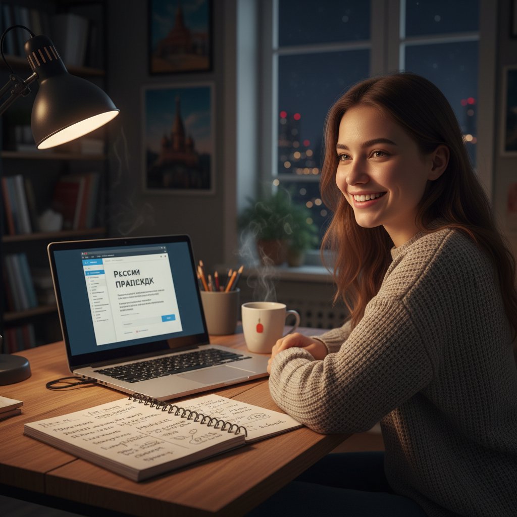 Uśmiechnięta uczennica przed laptopem z ekranem kursu rosyjskiego, notes, kubek kawy, noc