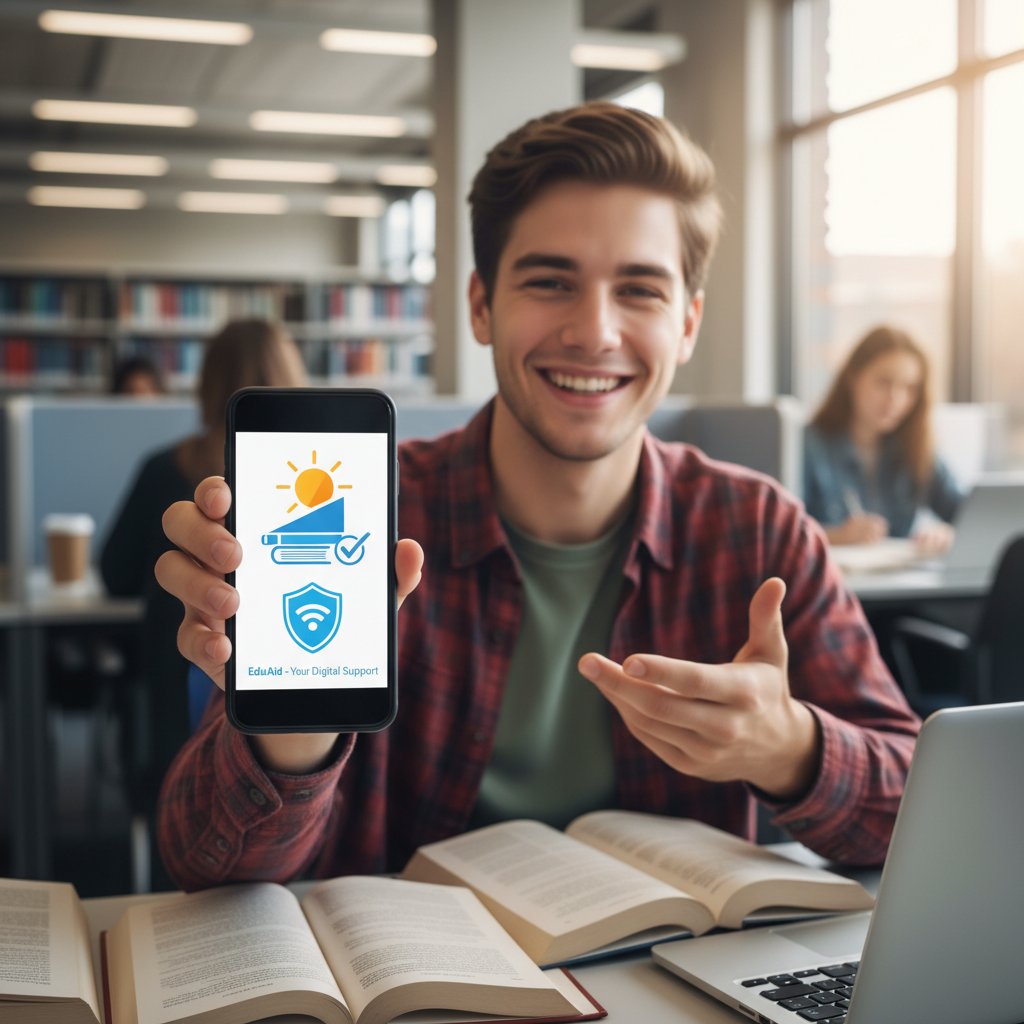 Studentin lächelt erleichtert nach einem Gespräch am Smartphone – symbolisiert positive Erfahrung mit digitaler Unterstützung