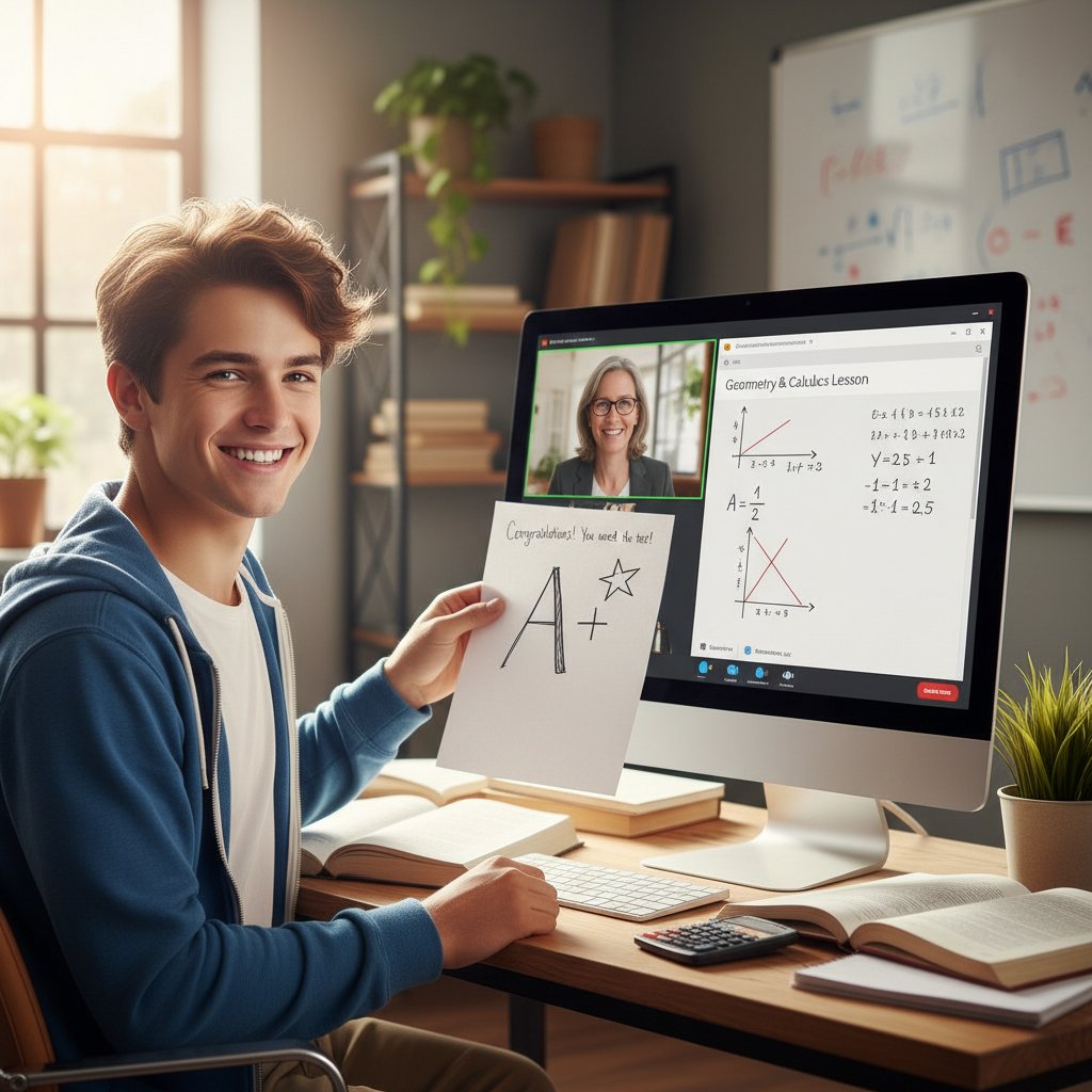 Uśmiechnięty uczeń podczas wideolekcji, tablica z zadaniami matematycznymi w tle, wyraźna satysfakcja