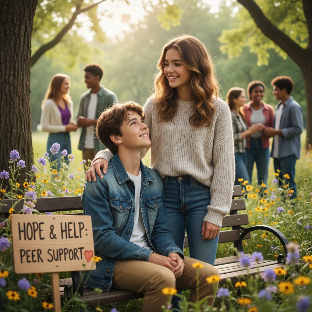 Nastolatek uśmiechający się, otoczony wsparciem rówieśników, keywords: zaburzenia zachowania, nadzieja