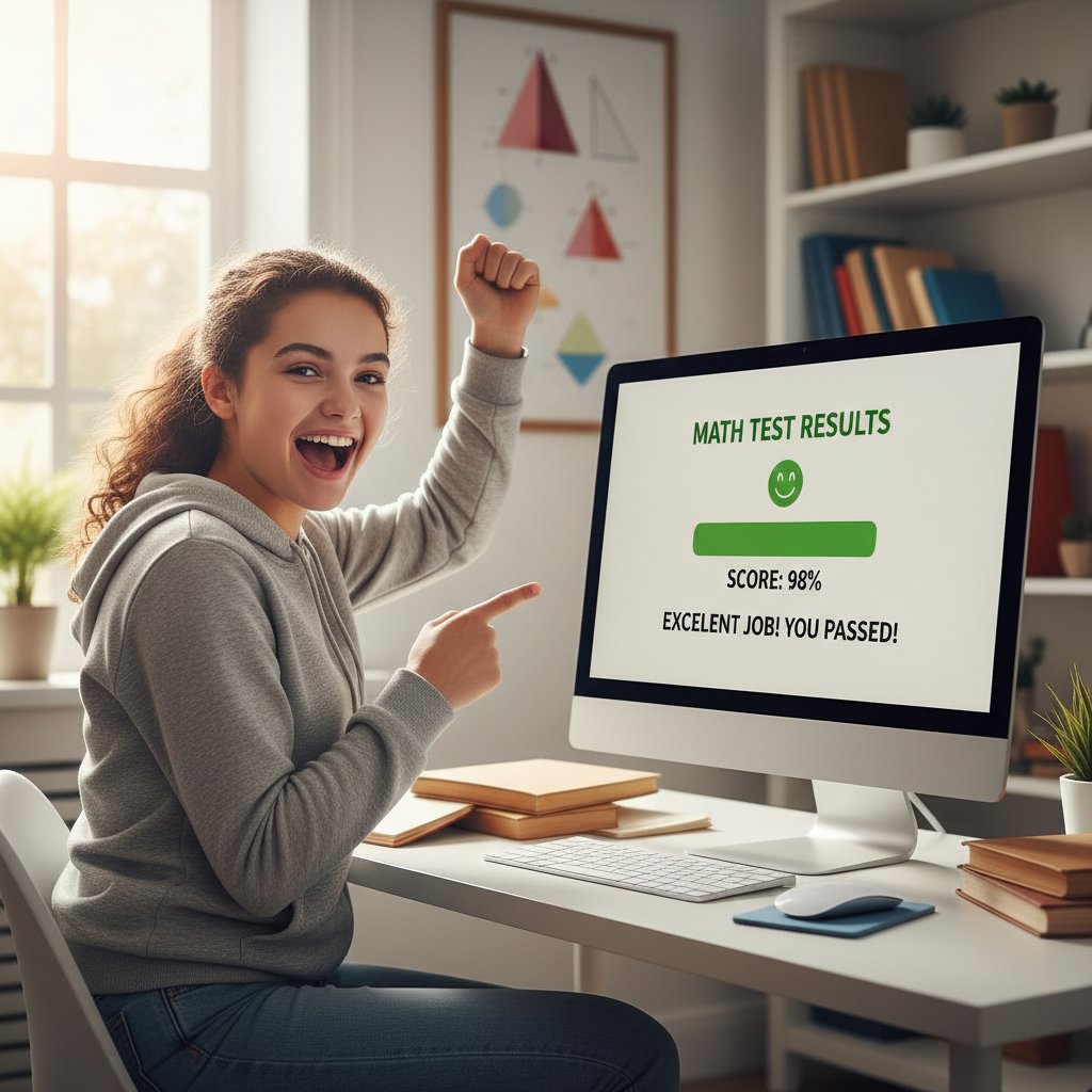 Uśmiechnięta nastolatka przed komputerem, na ekranie wyniki testów matematycznych, atmosfera zwycięstwa i satysfakcji
