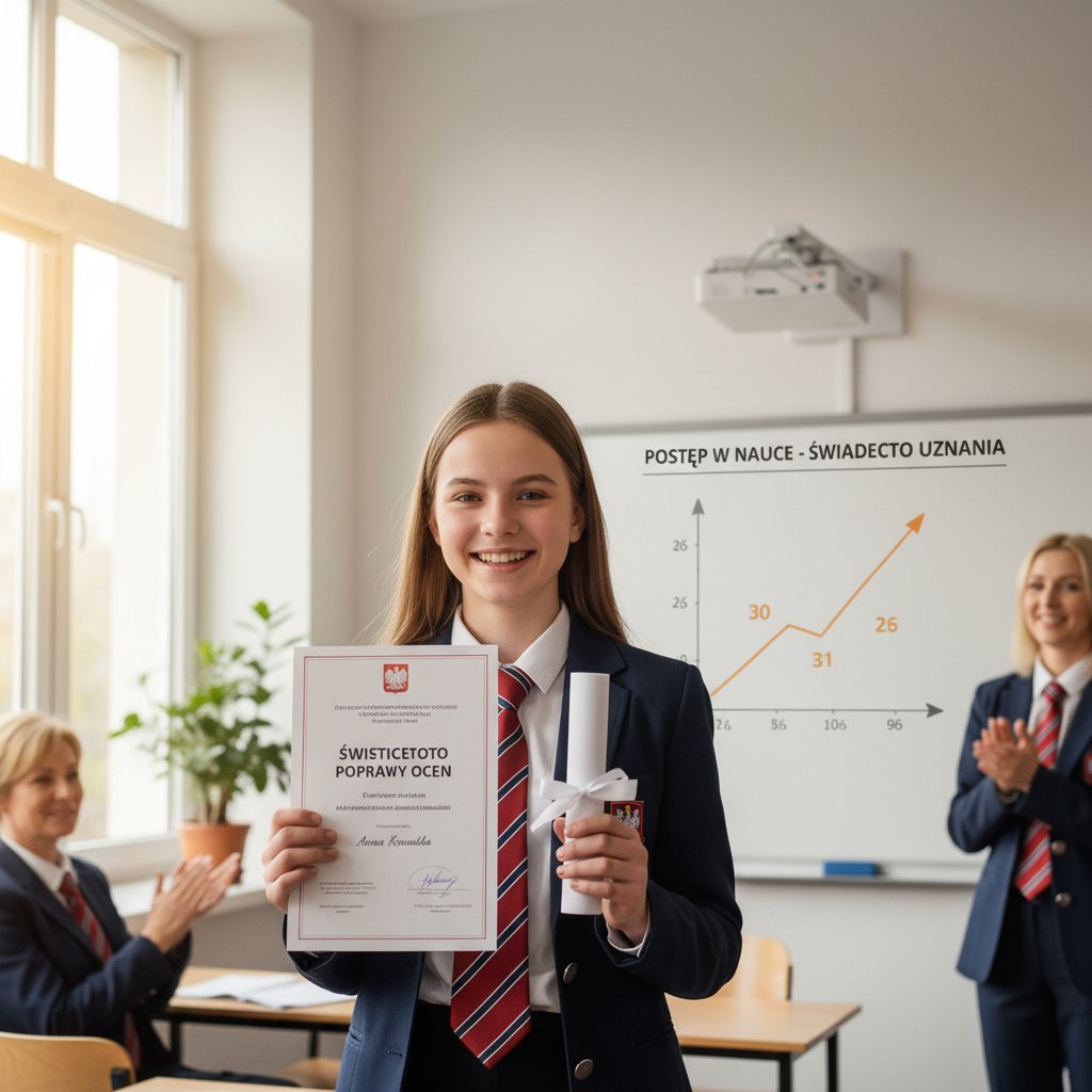 Polska nastolatka zadowolona z poprawy ocen, trzymająca świadectwo – ilustracja sukcesu korepetycji online