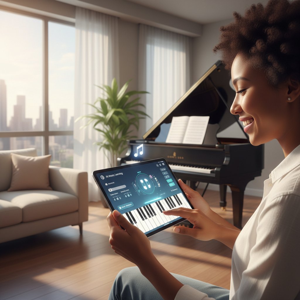 Uśmiechnięty użytkownik korzystający z aplikacji AI do nauki nut w nowoczesnym wnętrzu