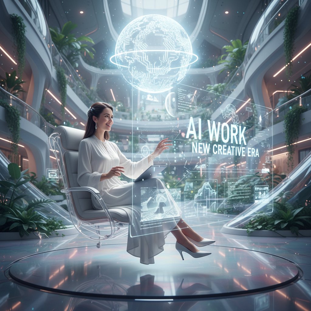 Uśmiechnięty użytkownik pracujący z AI, symbol nowej ery kreatywności, otwarta i inspirująca przestrzeń