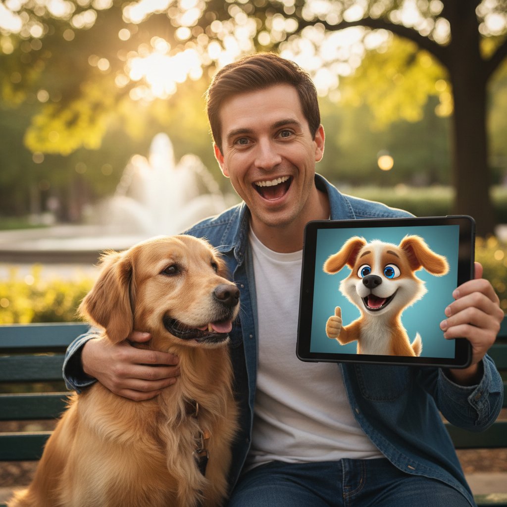 Uśmiechnięty użytkownik i piesek AI na ekranie – radość z rozmowy online