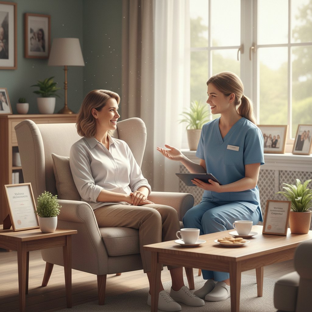 Uśmiechnięta kobieta po rozmowie z wirtualnym asystentem medycznym, domowa scena, satysfakcja