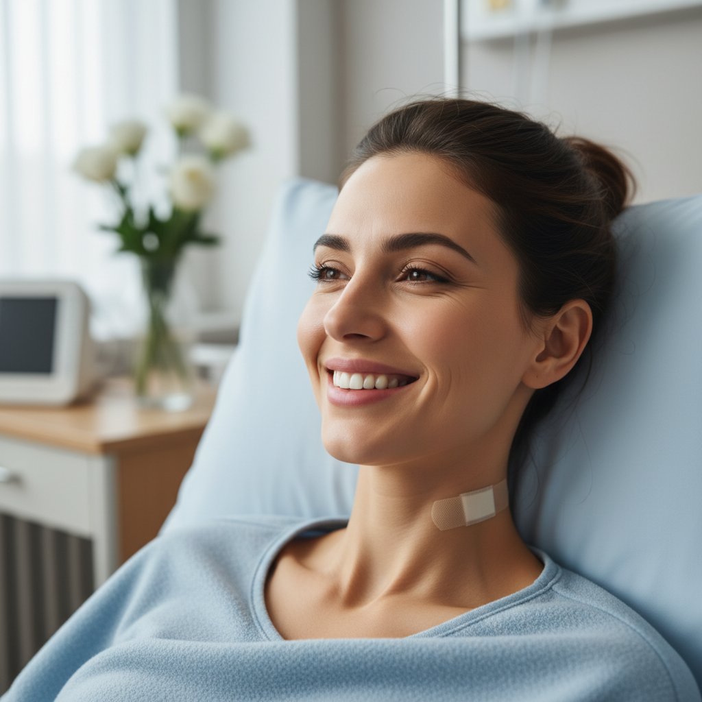 Uśmiechnięta kobieta po zabiegu usunięcia tłuszczaka, pozytywna atmosfera, wyczuwalny guz, powrót do zdrowia