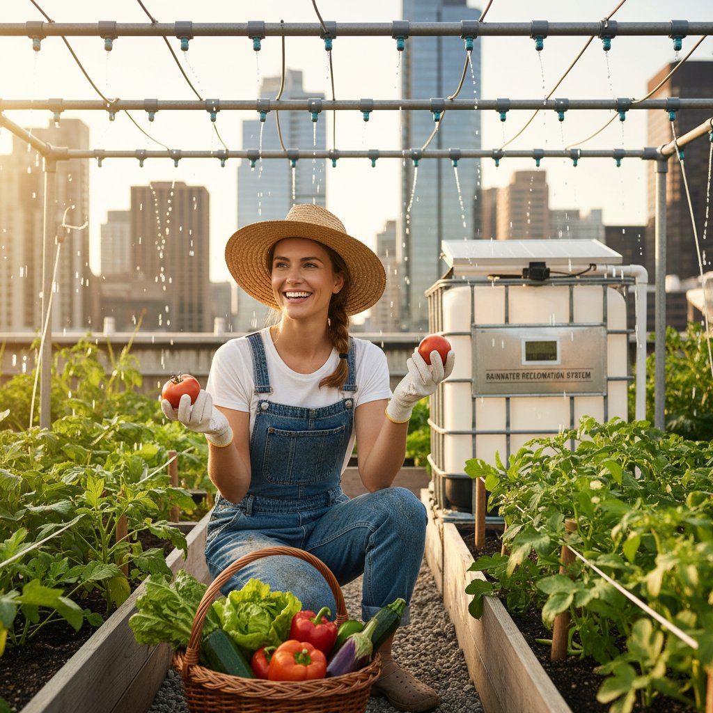 Uśmiechnięta ogrodniczka Olga zbierająca warzywa na tle nowoczesnego warzywnika z systemem nawadniania