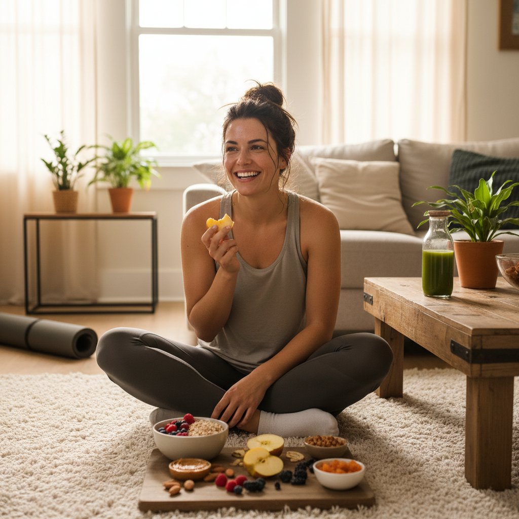 Uśmiechnięta kobieta po treningu, domowa atmosfera, zdrowe przekąski, luz i satysfakcja