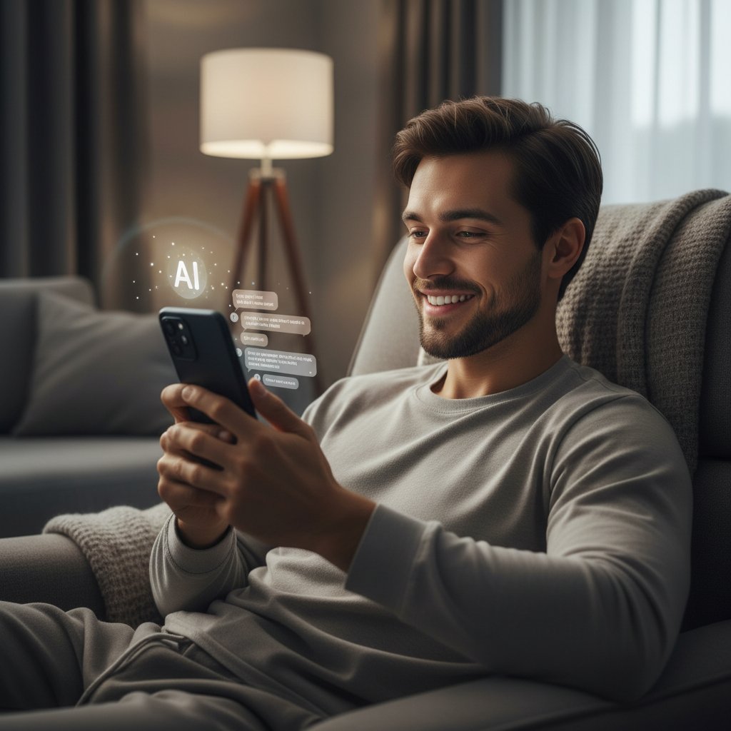 Uśmiechnięty młody człowiek rozmawiający z AI na smartfonie, atmosfera komfortu i bezpieczeństwa, alternatywa dla czatów online