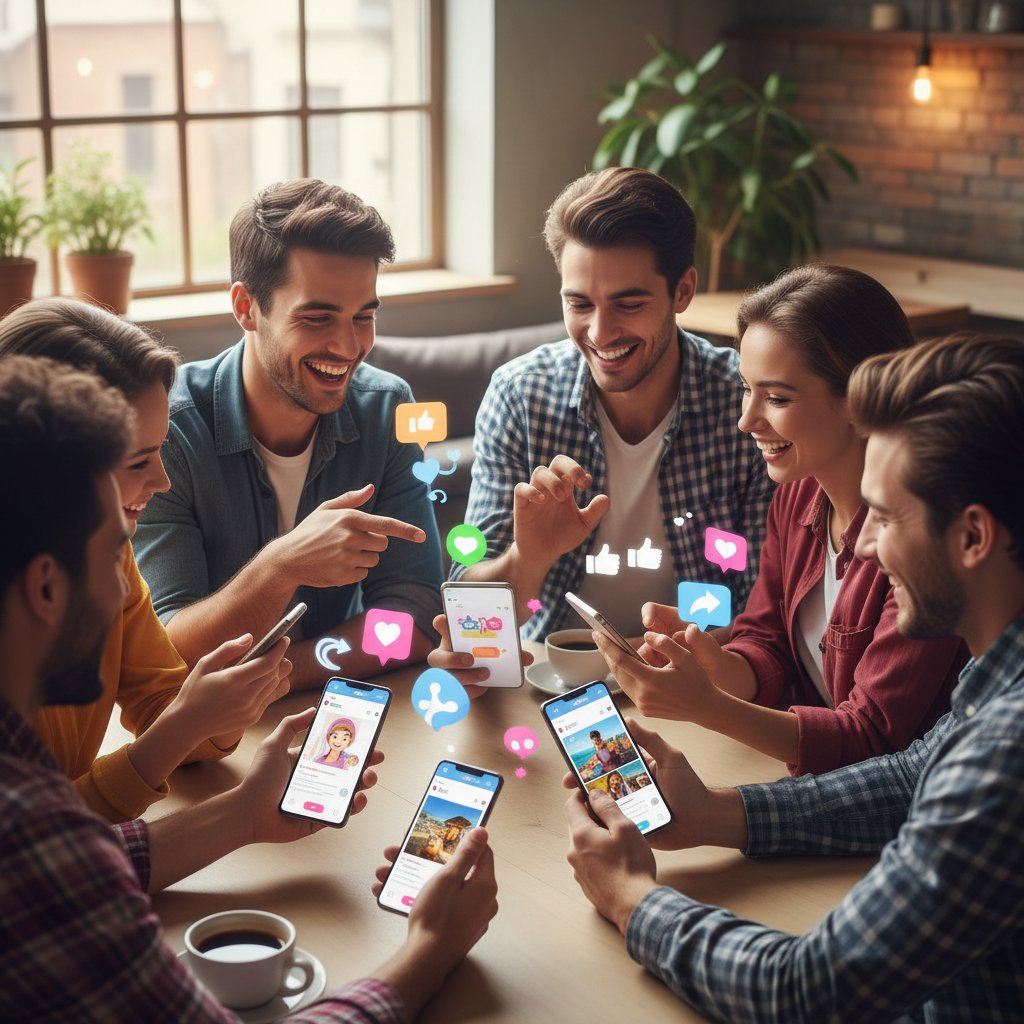 Uśmiechnięci młodzi ludzie korzystający z aplikacji społecznościowych na smartfonach