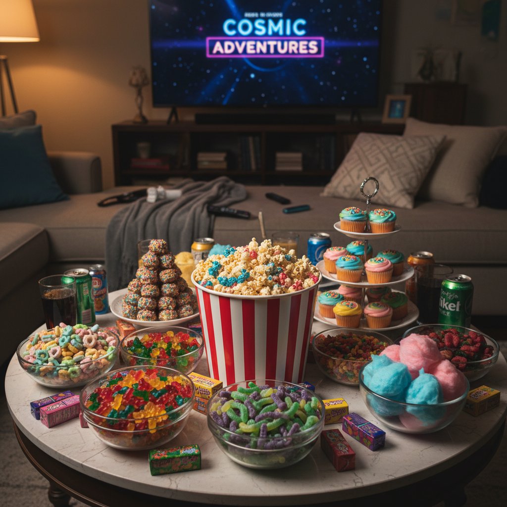 Snack spread for movie watch party, colorful treats, popcorn, candy, diverse snacks, movie night food