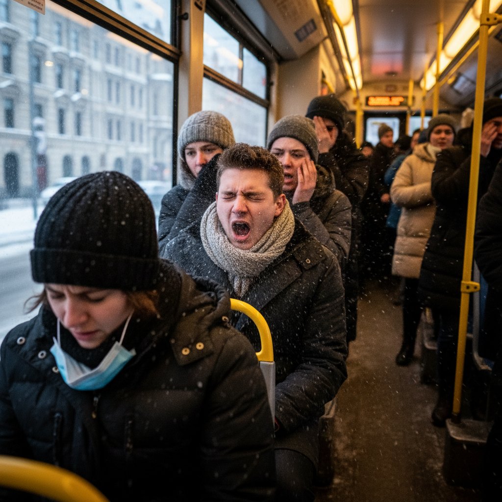 Zbliżenie na twarz osoby kichającej w zatłczonym tramwaju, unoszące się kropelki w powietrzu, zimowa aura