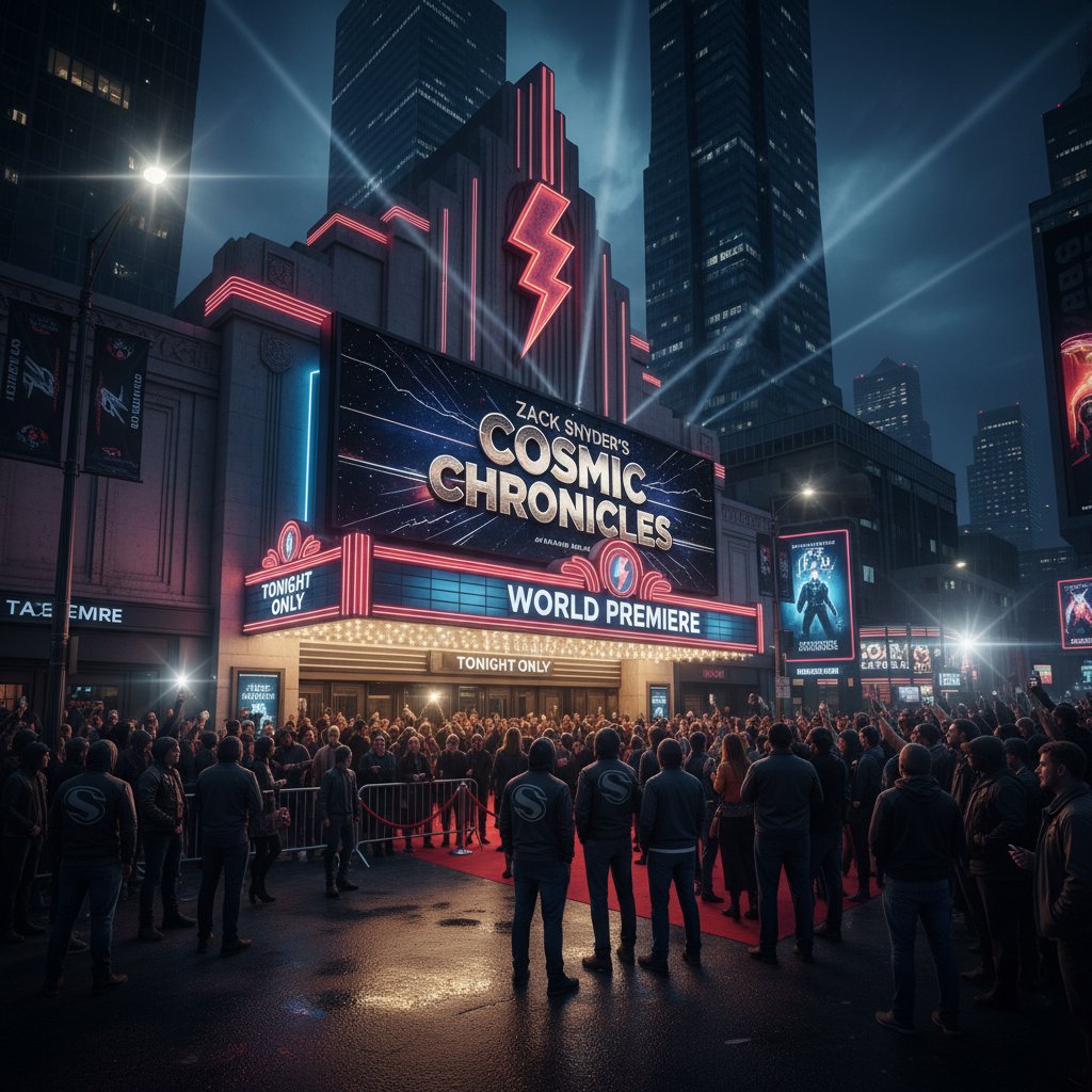 Rival Snyder movie fans outside cinema at night, passionate crowds, urban city lights