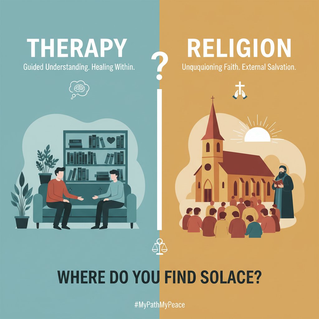 Obraz: Plakat kampanii społecznej przedstawiający wybór między terapią a religią – wizualizacja medialnego konfliktu