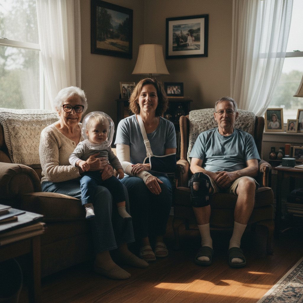 Rodzina kilku pokoleń z różnymi urządzeniami korekcyjnymi, dokument socjalny, ciepła autentyczna atmosfera, 16:9