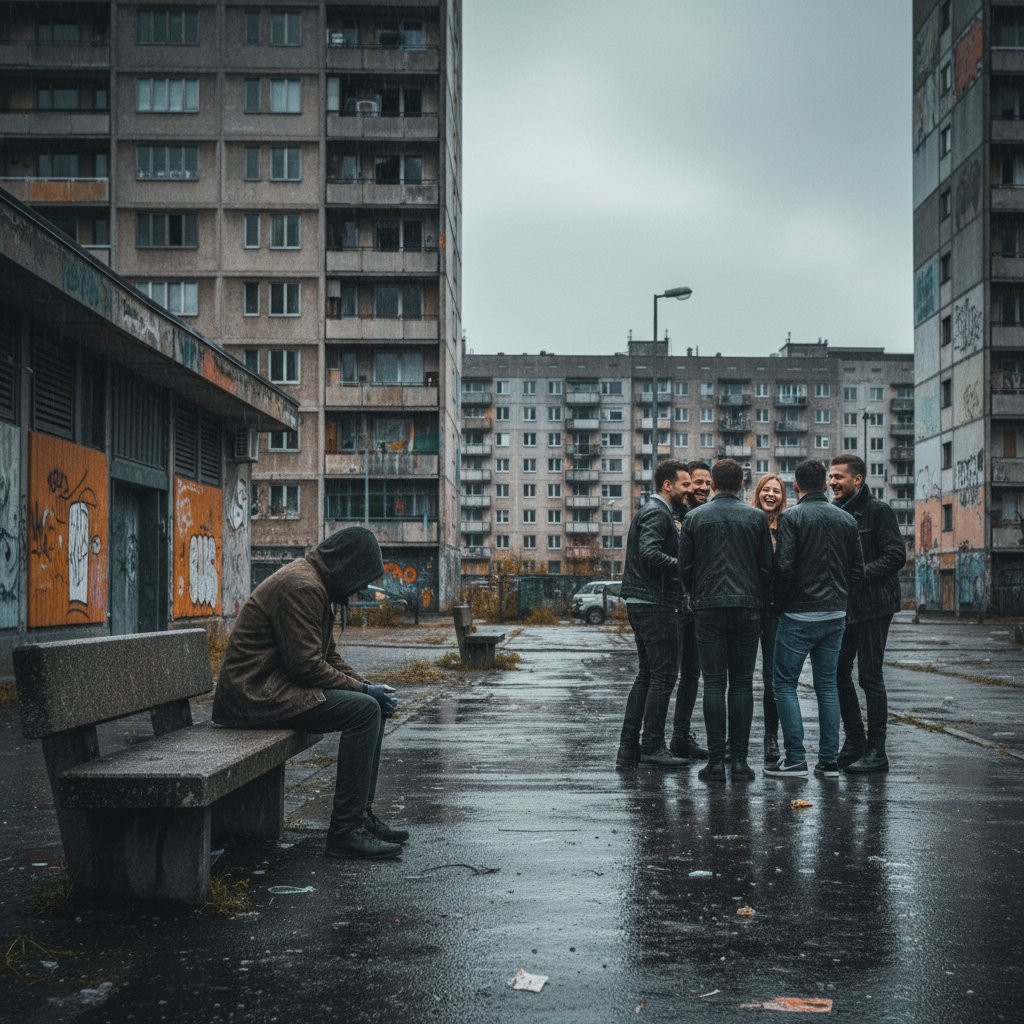 Zbliżenie na grupę ludzi w miejskim otoczeniu, część odwrócona plecami do pojedynczej osoby, symbolika wykluczenia